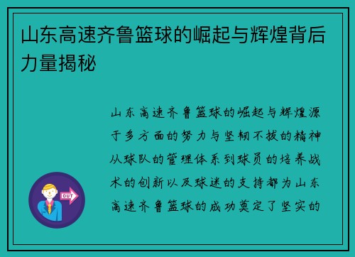 山东高速齐鲁篮球的崛起与辉煌背后力量揭秘 山东高速齐鲁篮球的崛起与辉煌背后力量揭秘