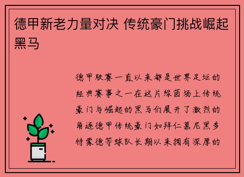 德甲新老力量对决 传统豪门挑战崛起黑马